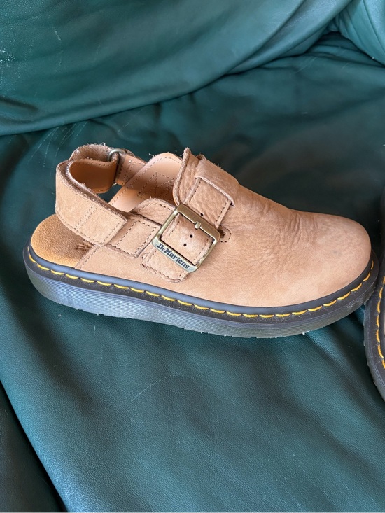 Dr. Martens Shoes - Dr. Martens Tan Suede Buckle Clog with Yellow Welt Stitching